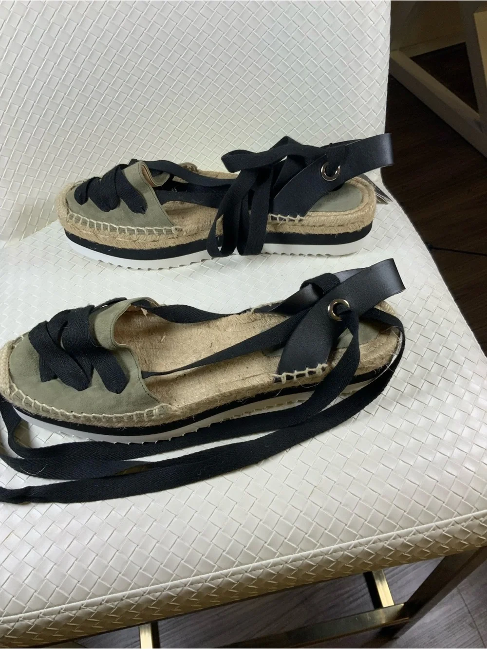 Zara Olive Espadrille Lace-Up Flats with Black Ribbons